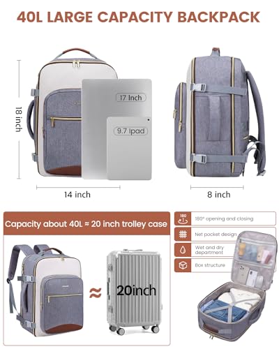LOVEVOOK 40L Travel Backpack for Women & Men, Airline Approved Carry On Luggage with 3 Packing Cubes, TSA Overnight Bags, Waterproof Personal Item Bag, Weekender Essentials Backpacks fits 17" Laptop - color: Grey-beige-brown, size: Large