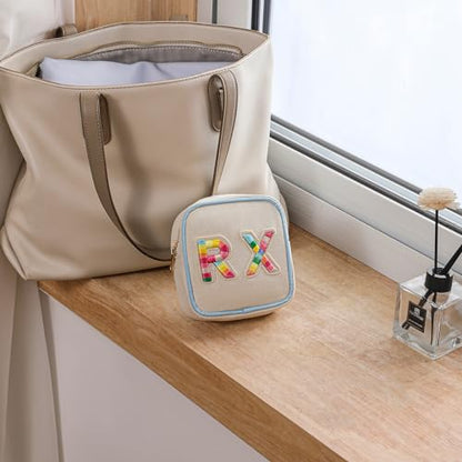 Small Canvas Rx Medicine Packages, Cute Chenille Letter Patch Drug Makeup Bag with Metal Zipper, Mini Travel First Aid Purse Organizer Machine Washable (03Blue-Rainbow) - color: 03Blue-Rainbow