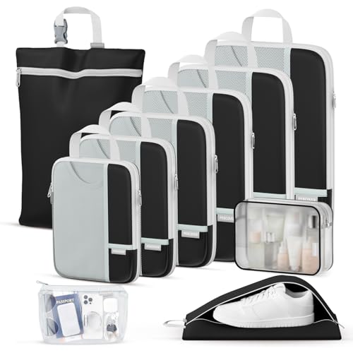 Percover Compression Packing Cubes for Travel, 10-Piece Structured Compression Organizer Set with Toiletry Bag, Laundry Bag & Shoe Bag for Carry-On & Checked Luggage, Black - color: Black, size: 10 Set
