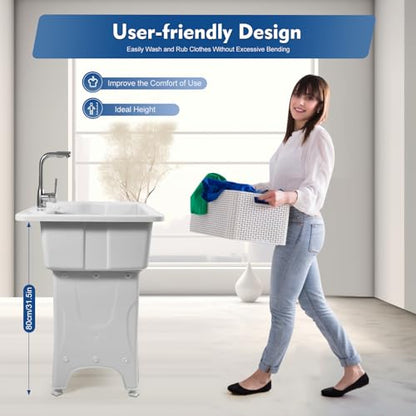 Freestanding Home Laundry & Utility Sinks, Plastic Laundry Sink with Washboard & Faucet Drain Kit, Indoor/Outdoor Water Sink lavadero for Laundry, Basement, Garage (31.5"D X 22.05"W X 31.5"H)