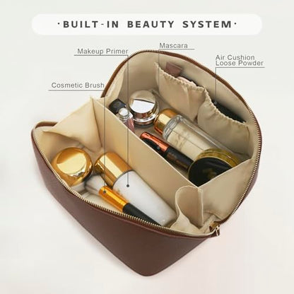 Travel Makeup Bag – Large Cosmetic Organizer with Waterproof PU Leather, Smooth Double Zipper & Tear-Resistant Lining, Toiletry Pouch for Women (Brown) - color: 01-Brown
