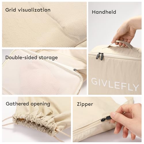 GIVLEFLY Compression Packing Cubes for Travel, 6-Piece Lightweight Luggage Organizer Bags, Space Saving Suitcase Packing Set for Women - color: Beige
