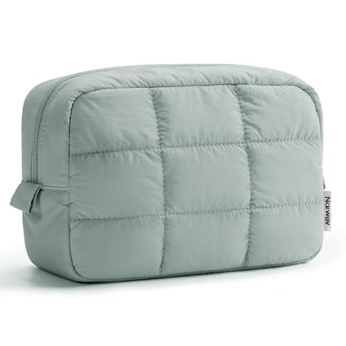 Narwey Puffer Travel Makeup Bag for Women Girl, Quilted Puffy Cosmetic Bag Make Up Bag Organizer, Cute Travel Toiletry Bag for Toiletries (Sage Green) - color: Sage Green