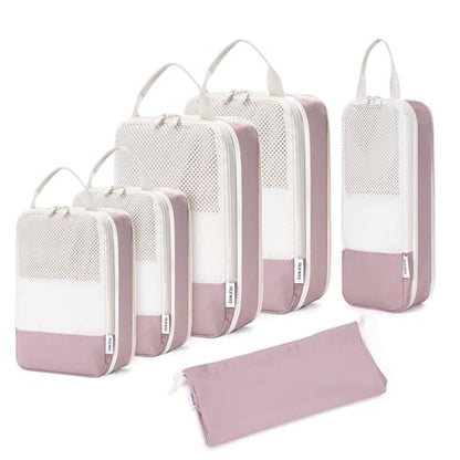 Narwey 6 Set Compression Packing Cubes for Travel Women Men, Travel Cubes for Carry On Suitcase, Durable Compression Luggage Organizer Bags - color: Dusty Rose