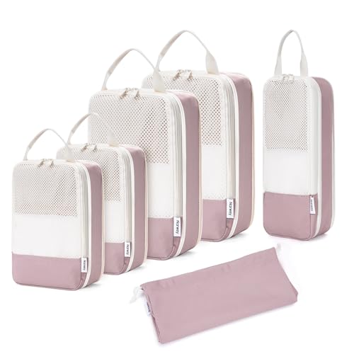 Narwey 6 Set Compression Packing Cubes for Travel Women Men, Travel Cubes for Carry On Suitcase, Durable Compression Luggage Organizer Bags - color: Dusty Rose