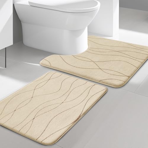 YIHOUSE Memory Foam Bathroom Rug Sets, Khaki, 2 Piece-U Shape & Small Mat | Ultra Soft, Absorbent, Non-Slip, Machine Washable - color: Khaki, size: 1'5" x 2'
