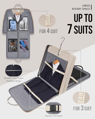 MATEIN Garment Bags for Travel for Women, Large Garment Bags for Hanging Clothes Up to 7 Suits, Business Convertible Travel Suit Carrier with Strap, Foldable Suitcase Luggage Fit 17.3" laptop, Beige - color: Beige