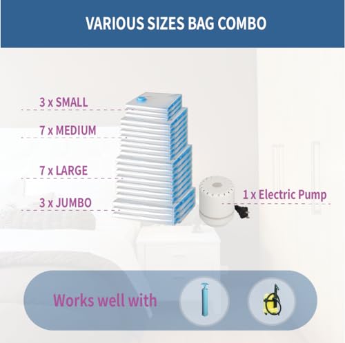 20 Pack Space Saver Vacuum Storage Bags Curated Set | Vacuum Sealed Compression Bags With Electric Pump, Space Saving For Clothing, Travel, Moving, Blankets, Comforters, Pillows - size: 20-Pack-E