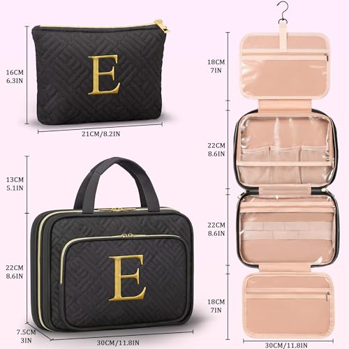 Gifts for Women, Initial Toiletry Makeup Bag Hanging Cosmetic Organizer with Embroidery Letter Personalized Nurse Teacher Appreciation Birthday Mothers Day Gifts for Mom Sister Wife Friends Auntie Her - style: E