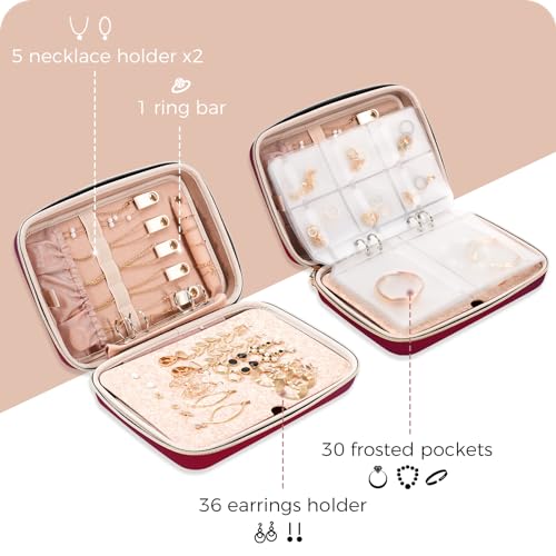 ProCase Extra Large Jewelry Organizer Case, Jewellery Home Storage Book Ring Binder with Clear Pockets for Presentation, Zippered Pouch Bag for Earrings Necklaces Bracelets -Wine - color: Wine, size: Large, Loose-leaf