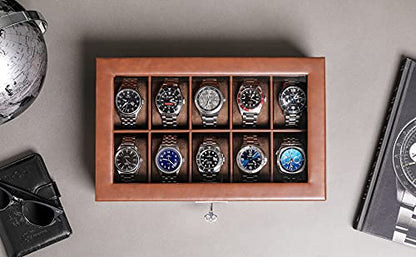 ROTHWELL 10 Slot Leather Watch Box - Luxury Case Display Jewelry Organizer - Locking Watch Display Case Holder with Large Glass Top - Box Organizer for Men and Women (Tan/Brown) - color: Tan / Brown