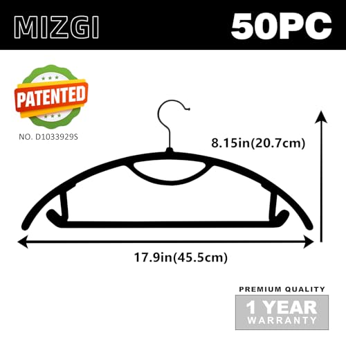 MIZGI Premium Velvet Hangers 50-Pack,No Shoulder Bump Hangers W/Tie Bar Ultra Thin Space Saving Non Slip Hanger Heavy Duty Felt Rounded Clothes Hanger for Sweaters,Coat,Jackets,Pants,Shirts - color: Black/Black Hook, size: 50 Pack