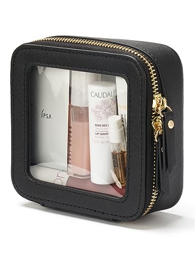 Popvibe Clear Makeup Bag Travel Cosmetic Case Transparent Toiletry Bag with Zipper, Portable Make Up Organizer Traveling Compact Car Bag for Essentials - color: Black, style: Mini Chic
