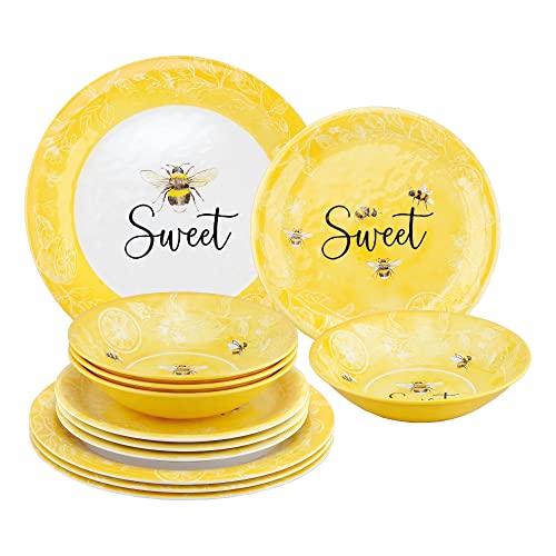 UPware 12 Piece Sweet Bees Melamine Dinnerware Sets, Outdoor Dishes Set, Plates and Bowls Sets, Service for 4, Yellow - color: Sweet Bees