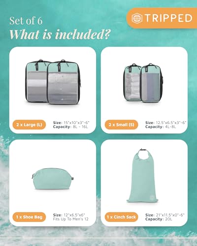 Compression Packing Cubes for Travel by TRIPPED – 6-Piece Premium Set with Laundry & Shoe Bag, Space Saving Travel Organizer Bags for Suitcase & Carry-On Luggage (Dusty Teal Mesh) - color: Dusty Teal Mesh - 6 Piece