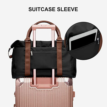 Sport Travel Duffle Bag Large Gym Tote Bag for Women, Weekender Bag Carry on Bag for Airplane, Ladies Beach Overnight Luggage Bag with Wet Pocket Black Large - color: Black with Brown Handle