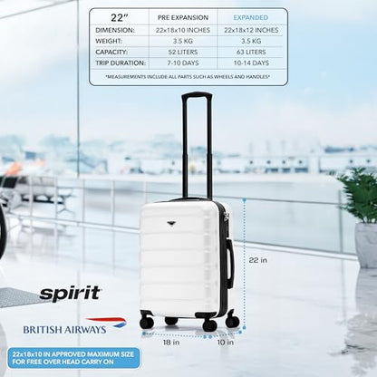 Flight Knight 22x18x10 Expandable Carry On Suitcase Hardside TSA Lock & USB C Port Lightweight Luggage Silent Double Spinner Wheels Maximum Spirit Overhead Carry-On Bag Airlines Approved White - color: White, size: 22x18x10"