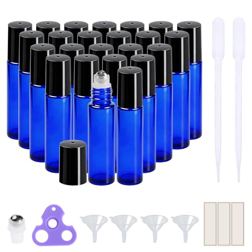 PrettyCare Roller Bottles For Oils 10 ml (Blue Glass, 24 Pack, 2 Extra Stainless Steel Balls, 2 droppers, 1 small brush, 24 Labels, 1 Opener, 1 Funnels Essential Oil Roller Bottles, Roller on Bottles - color: Blue with Black Cap, size: 24 Pack