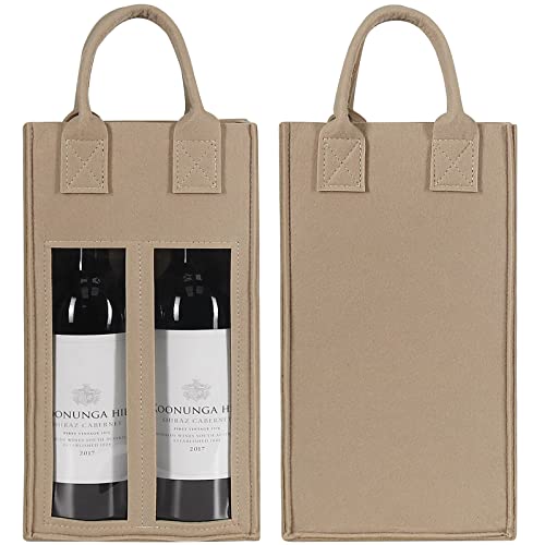 Shintop Double Wine Bag with Window, Felt Bottle Gift Bag with Handle Reusable Wine Tote Carrier for Party Favors Travel, Camping(1pc, beige) - color: Beige
