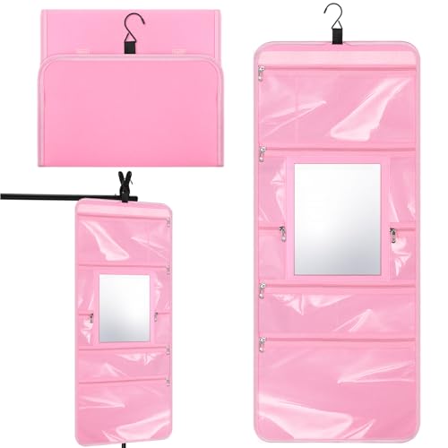 Hanging Toiletry Bag with Mirror for Women Hanging Mirror for Dance Bags Travel Large Foldable Dance Bag Organizer Storage Waterproof Cosmetic Case Accessories for Bathroom - color: Pink