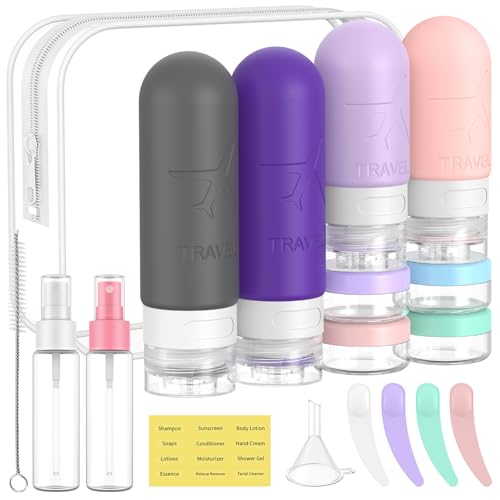 ME.FAN Travel Bottles for Toiletries, 18 Pack TSA Approved Travel Size Containers Set, Silicone Squeezable Portable Split Bottle, Travel Accessories for Conditioner, Shampoo, Lotion - Purple - color: Purple