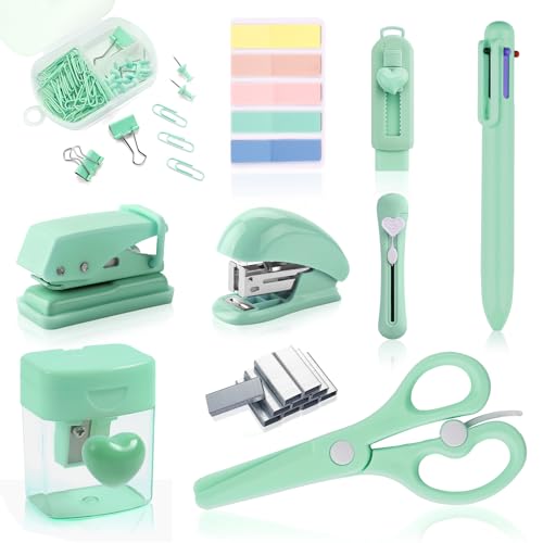 Green Mini Office Supply Kit Mini School Supplies Desk Accessory Set Includes Mini Stapler Pencil Sharpener Staple Remover Hole Punch Ballpoint Pen Scissor Box Cutter Paper Clips Sticky Index Tabs - color: Green