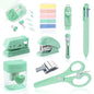 Green Mini Office Supply Kit Mini School Supplies Desk Accessory Set Includes Mini Stapler Pencil Sharpener Staple Remover Hole Punch Ballpoint Pen Scissor Box Cutter Paper Clips Sticky Index Tabs - color: Green
