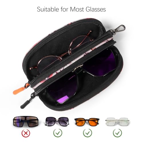 Double Eyeglasses Case Soft Portable Zipper Sunglasses Pouch with Keychain Clip for Men Women - color: Pink Flower
