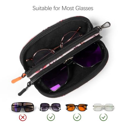 Double Eyeglasses Case Soft Portable Zipper Sunglasses Pouch with Keychain Clip for Men Women - color: Pink Flower