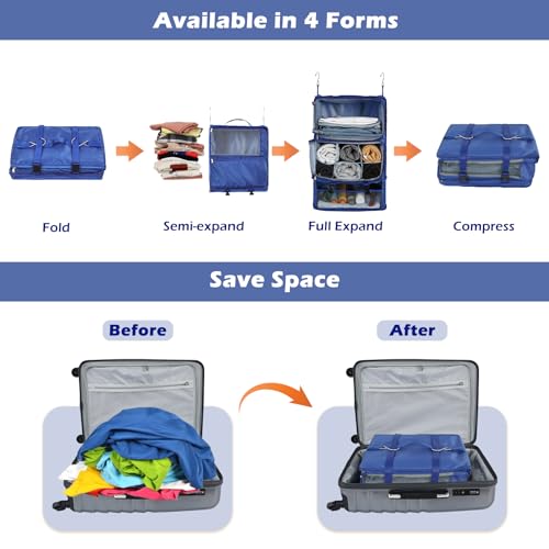 Surblue Hanging Shelves Travel Storage Bag Compression Packing Cube for Suitcase Portable Closet Organizer Collapsible with Extension Layer Large Capacity,Blue,XXL - color: A-Blue, size: XXL 15.7*11.8*23.6in