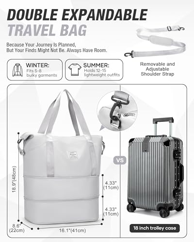 Expandable Travel Duffle Bag for Women Men, Large Gym Bag Travel Tote Bags, Waterproof Carry On Personal Item Bag Airline Approved, Overnight Workout Weekender Bag with Luggage Sleeve, Light Grey - color: C- Light Grey
