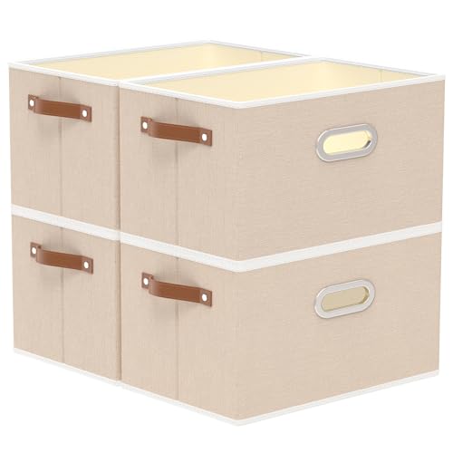 Yawinhe Fabric Storage Bins with Handles, Foldable Baskets for Shelves, Cubes with 3 Handles, Large Boxes for Clothes, Beige, 16.9''Lx11.8''Wx10.2''H, 4-Pack - color: Beige, size: 16.9x11.8x10.2inch(4-Pack)