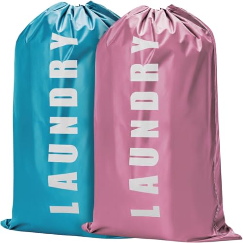 2 Pack Large Travel Laundry Bags, Blue + Pink - 24"x36” Heavy Duty Mesh Machine Washable Dirty Organizer with Drawstring for College - Holds 4 Loads - color: Blue + Pink