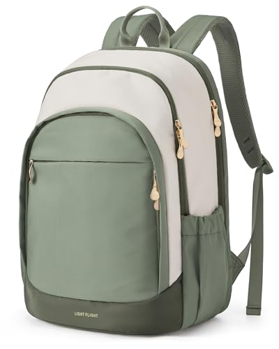 LIGHT FLIGHT Travel Backpack for Women, 15.6 Inch Laptop Backpack with USB Charging Hole, Water Resistant College Bookbag, Large Capacity Black Computer Backpacks for Work, Beige+Green - color: Beige+green, size: 15.6 Inch without Wheels