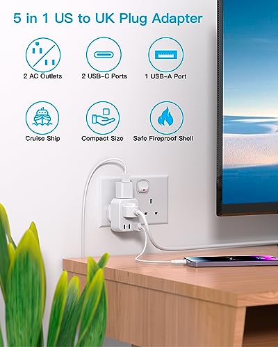 HANYCONY US to UK Ireland Travel Plug Adapter, Type G Travel Adapter 2 Outlets 3 USB Ports(2USB C), UK Power Adapter Converter for USA to Dubai England London Scotland British Kenya Irish Hongkong - style: Type G - UK Ireland