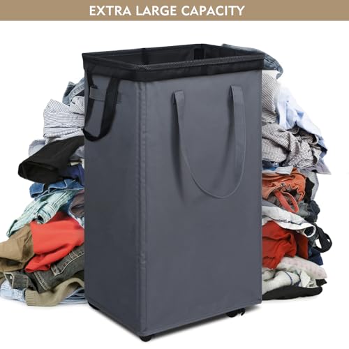 DOKEHOM 90L X-Large Laundry Basket with Removable Wash Bag on Wheels, Collapsible Rolling Laundry Hamper, Foldable Clothes Organizer, Folding Washing Bin (Grey) - color: Grey, size: X-Large Pro 29"