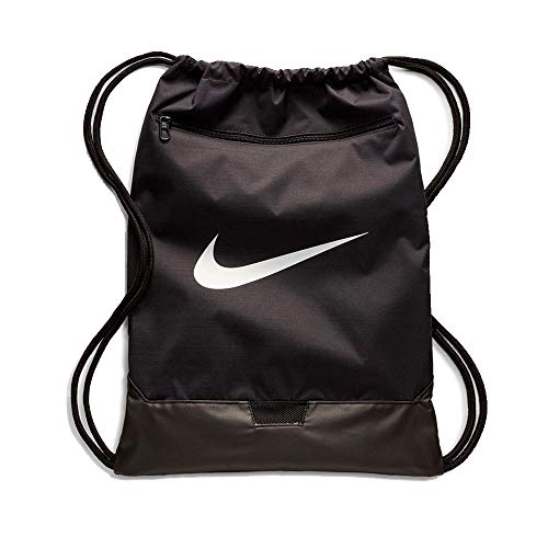 Nike Brasilia Training Gymsack, Drawstring Backpack with Zipper Pocket and Reinforced Bottom, Black/Black/White - color: Black/Black/White