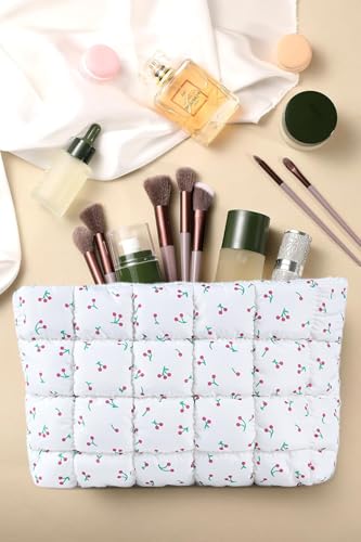 Puffy Quilted Makeup Bag, Cosmetic Bag, Travel Toiletry Organizer Pouch, Clutch for Women (Cherry) - color: Cherry