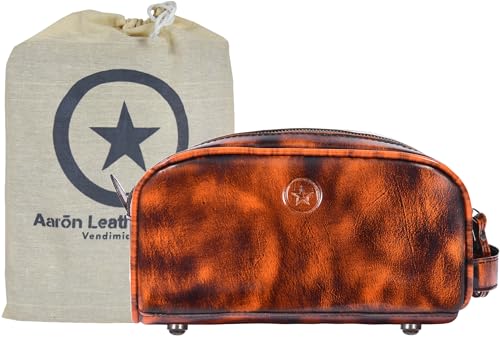 10" Premium Leather Toiletry Travel Pouch With Waterproof Lining | King-Size Handcrafted Vintage Dopp kit By Aaron Leather Goods (Canary Brown) - color: Canary Brown