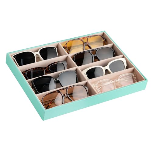 Frebeauty Sunglass Organizer,PU Leather Glasses Organizer,8-Slot Sunglasses Tray,Men's/Women's Sunglasses Box,Sunglass Case,13.3 x 9.6 x 1.5 Inches,Eyeglass/Eyewear Display Tray(Turquoise) - color: Turquoise, size: No Lid
