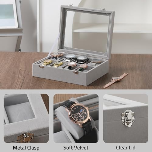 Frebeauty 8-Slot Watch Box,Velvet Watch Case with Glass Lid,Watch Organizer Box for Men and Women,Lockable Watch Storage,Watch Display Case,Ideal Gift(Grey) - color: Grey, size: 8 Slots