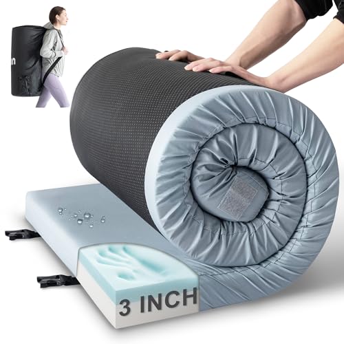 Kingfun 3 Inch CertiPUR-US Memory Foam Camping Mattress Pad, Waterproof Roll up Sleeping Pad, Thick Floor Sleeping Mats for Tent with Removable Travel Bag - color: Light Blue, size: Cot 75" X 25" X 3 inch