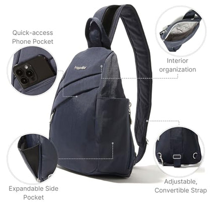 Baggallini Medium Sling Backpack - 9"x11" Lightweight Sling Bag with Convertible Adjustable Shoulder Strap - color: French Navy