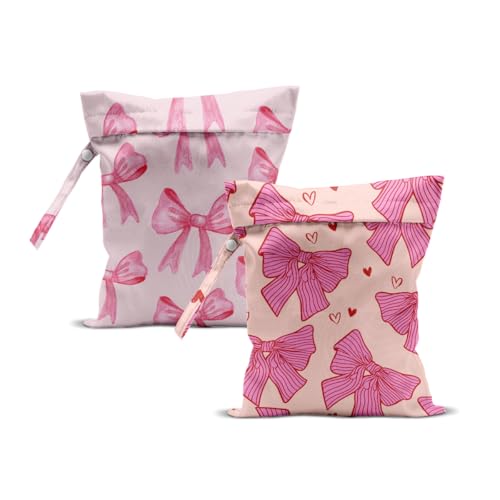 2Pcs Bow Tie Wet Bag for Vacation Essentials, Waterproof Reusable Wet Dry Bags, Heart Washable Travel Laundry Bags for Beach Diapers Dirty Yoga Gym Clothes, Pink Gifts for Women Friend, 12x10 Inch - color: Multicolor 1345