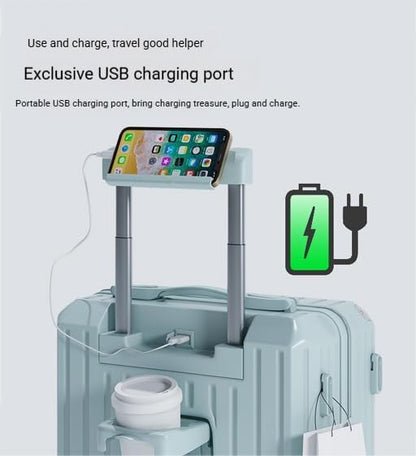 Carry-on Luggage with Cup Holder & USB Charging Port, Hard Side Luggage with Spinner Wheels, Lightweight Luggage for Travel, Business, School (Lake Blue, Carry-On 20-Inch) - color: Lake Blue