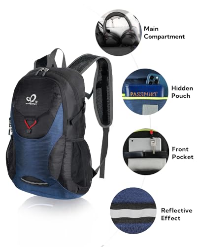 WATERFLY Lightweight Packable Hiking Backpack: 30L Foldable Travel Daypack Ultralight Camping Day Pack for Woman Man - color: Blue & Black