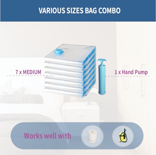 7 Pack Medium Space Saver Vacuum Storage Bags | Vacuum Sealed Compression Bags With Hand Pump, Space Saving For Travel, Clothing, Packing, Winter Coats, Sweaters and Shirts - size: 7-Medium