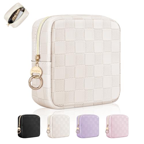 4.9" Small Makeup Bag, Checkered Mini Cosmetics Bag for Purse with Ring Buckle, Portable Small Travel Makeup Pouch for Women (Checkered, Beige) - color: Checkered Beige-4.9 inch