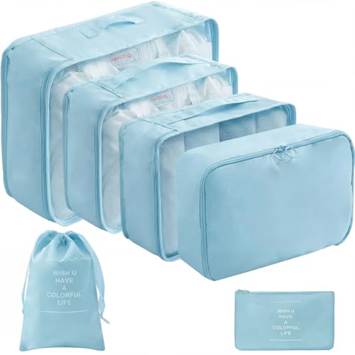 LANSKLBD 6 Set Packing Cubes for Suitcases Travel Luggage Packing Organizers,Travel Accessories Essentials Luggage Organizer with Shoe/Tioletry/Laundry Bag (Light Blue, 6 set) - color: Light Blue, size: 6 set