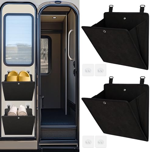 PUGPIU RV Camper Shoe Storage 2 Pack - Foldable Wall Mounted Shoe Rack Organizer - Self-Adhesive Rv Shoe Holder - Space Saving for Camper Essential Home Travel with Deep Pocket Fit 1 Pair Shoes, Black - size: 2